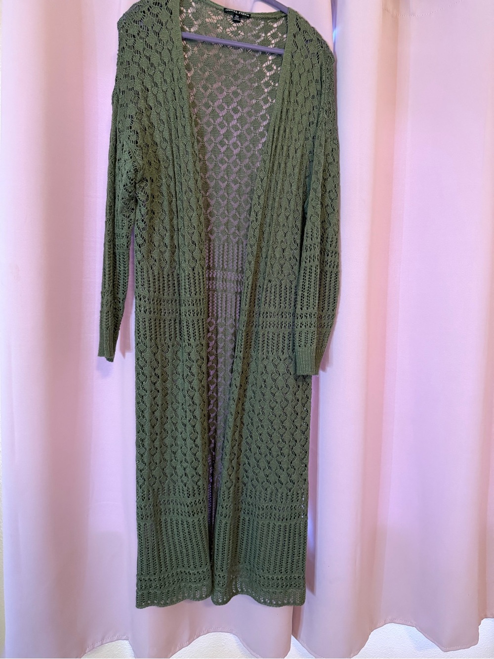 Open-Front Olive Green Knit Long Cardigan Sweater